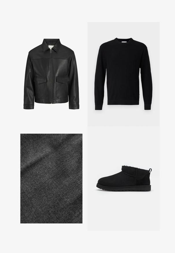 Musta nahkatakki, jossa on kaulus, edessä vetoketjukiinnitys, kaksi suurta läpällistä taskua, sileä pinta ja muotoiltu leikkaus.; Mustat neulepusero, jossa on pyöreä pääntie, pitkät hihat ja ribbitekstuuri. Ominaisuuksiin kuuluu suora helma ja minimalistische muotoilu.; Teksturoitu musta kangas, jossa on pehmeä, hieman kiiltävä pinta, joka näyttää hienovaraisen kudontakuosisen ja sujuvan laskoksen.; Mustat mokkanahkasaappaat, joissa on pehmeä, tekstuurinen vuori, matala kumipohja ja vetoketju takana helppoa käyttämistä varten.