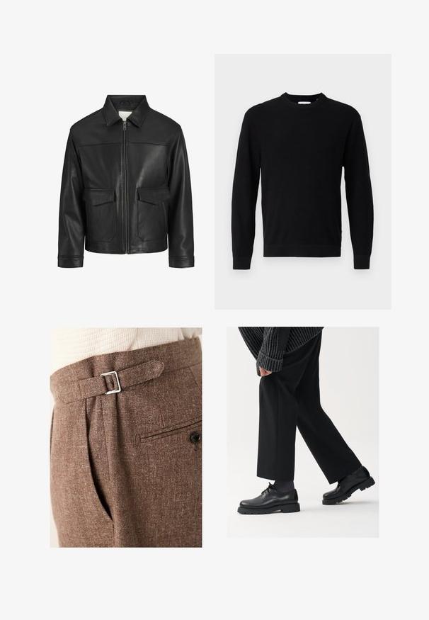 Czarna skórzana kurtka z kołnierzem, zapięciem na zamek z przodu, dwiema dużymi kieszeniami z klapką, gładką fakturą oraz dopasowanym krojem.; Czarny sweter dzianinowy z okrągłym dekoltem, długimi rękawami i prążkowaną fakturą. Posiada prosty dół i minimalistyczny design.; Brązowe spodnie szyte na miarę wykonane z teksturowanej tkaniny, z metalową klamrą w talii, plisami oraz tylną kieszenią zapinaną na guzik.; Czarne skórzane buty z okrągłym noskiem, sznurowanym zapięciem i grubą, fakturowaną podeszwą. Noszone z dopasowanymi czarnymi spodniami i swetrem z prążkowanej tkaniny.