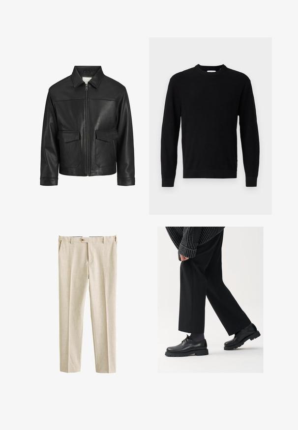 Crna kožna jakna s ovratnikom, prednjim zatvaračem na zip, dva velika džepa s preklopom, glatkom teksturom i strukturiranim krojem.; Crni pleteni pulover s okruglim izrezom, dugim rukavima i rebrastom teksturom. Ima ravni donji rub i minimalni dizajn.; Bež hlače napravljene od teksturirane tkanine, sa standardnim pojasom, prednjim pregibima i zatvaranjem na jedan gumb.; Crne kožne cipele s okruglim nosom, dizajnom na vezivanje i debelim, teksturiranim potplatom. Nosive s krojenim crnim hlačama i rebrastim puloverom.