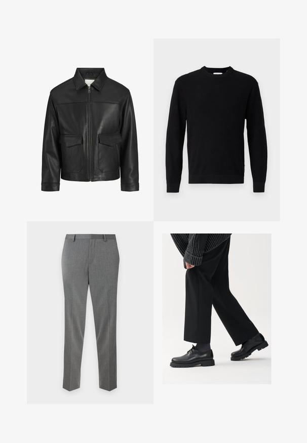 Schwarze Lederjacke mit Kragen, Frontreißverschluss, zwei großen Klappen Taschen, glatte Textur und strukturierte Passform.; Schwarzer gestrickter Pullover mit rundem Halsauschnitt, langen Ärmeln und einem gerippten Textur. Verfügt über einen geraden Saum und ein minimales Design.; Graue, maßgeschneiderte Hose mit feiner Fischgrätstruktur, geradem Schnitt und Gürtelschlaufen. Mit gebügelten Kanten für einen eleganten Look.; Schwarze Lederschuhe mit einer runden Spitze, Schnürdesign und dicker, strukturierter Sohle. Getragen mit maßgeschneiderten schwarzen Hosen und einem gerippten Pullover.