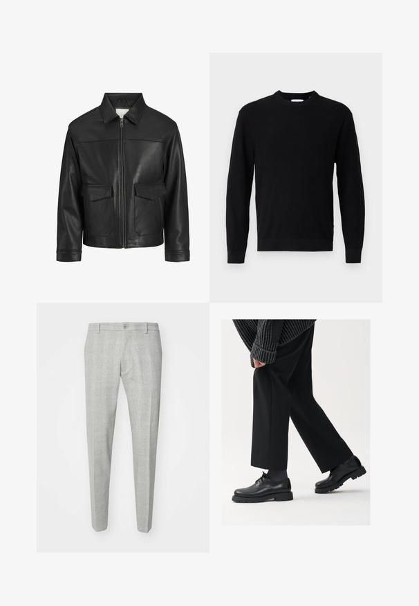 Sort læderjakke med krave, lynlås foran, to store klapperlommer, glat tekstur og struktureret pasform.; Sort strikket sweater med rund halsudskæring, lange ærmer og ribbestruktur. Har en lige kant og et minimalistisk design.; Gråternede bukser med en skræddersyet pasform, der har flad front, en enkelt knaplukning og bæltestropper. Fremstillet af et glat stof.; Sorte lædersko med rund tå, snørebåndsdesign og tyk, tekstureret sål. Båret sammen med skræddersyede sorte bukser og en ribbet sweater.