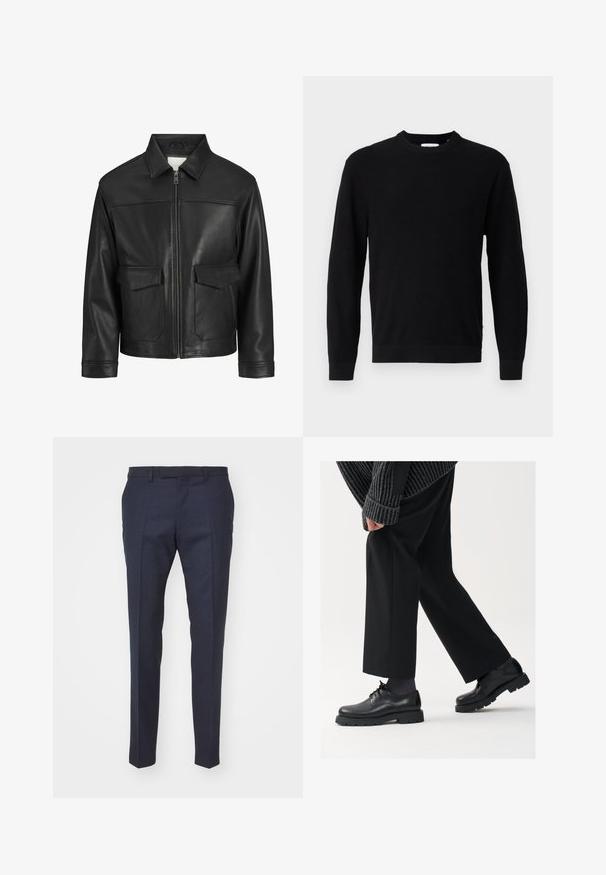 Juodas odinis švarkas su apykakle, priekinis užtrauktukas, dvi didelės kišenės su atlapais, lygus paviršius ir struktūruotas siluetas.; Juodas megztinis su apvaliu iškirpimu, ilgomis rankovėmis ir raštuotu paviršiumi. Turi tiesią apačią ir minimalistinį dizainą.; Jūrinių stiliaus kelnes su lygiu paviršiumi, turinčios plokščią priekį, raukšlių linijas ir stilingą siluetą, tinkamos oficialiems renginiams.; Juodos odinės kojinės su apvalia nosimi, raištelių dizainu ir storu, tekstūriniu padu. Dėvimos su pritaikytomis juodomis kelnėmis ir liniuotėmis megztiniu.