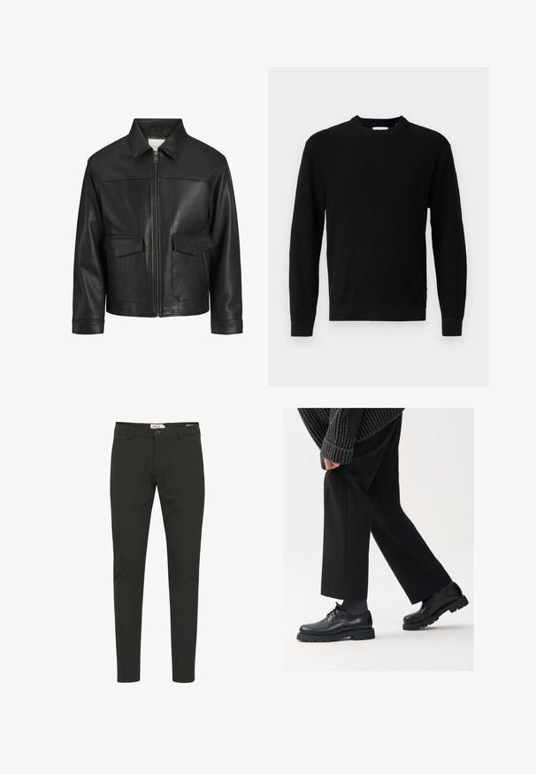 Czarna skórzana kurtka z kołnierzem, zapięciem na zamek z przodu, dwiema dużymi kieszeniami z klapką, gładką fakturą oraz dopasowanym krojem.; Czarny sweter dzianinowy z okrągłym dekoltem, długimi rękawami i prążkowaną fakturą. Posiada prosty dół i minimalistyczny design.; Czarne, dopasowane spodnie wykonane z gładkiego materiału, z zapięciem na guzik, paskiem, kieszeniami z przodu oraz minimalistycznym designem.; Czarne skórzane buty z okrągłym noskiem, sznurowanym zapięciem i grubą, fakturowaną podeszwą. Noszone z dopasowanymi czarnymi spodniami i swetrem z prążkowanej tkaniny.