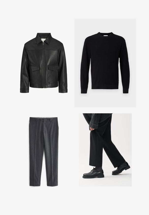 Zwarte leren jack met kraag, ritssluiting aan de voorkant, twee grote klepzakken, een gladde textuur en een gestructureerde pasvorm.; Zwarte gebreide trui met een ronde halslijn, lange mouwen en een ribbelstructuur. Heeft een rechte zoom en een minimalistisch ontwerp.; Grijze op maat gemaakte broek met een gestructureerd patroon, twee voorzakken, riemlussen en een enkele knoopsluiting in de taille.; Zwarte leren schoenen met een afgeronde neus, vetersluiting en een dikke, getextureerde zool. Draagt een gepaste zwarte broek en een geribbelde trui.