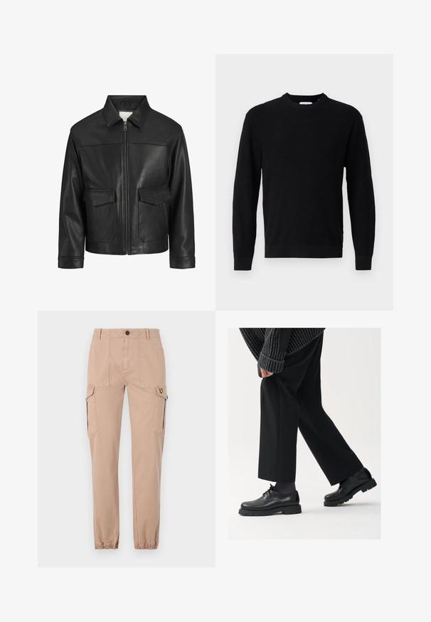 Melna ādas jaka ar apkakli, priekšējo rāvējslēdzēju, divām lielām kabatām ar atloku, gludu tekstūru un strukturētu piegriezumu.; Melnā adītā džemperis ar apaļu kakla izgriezumu, garām piedurknēm un ribotu tekstūru. Iezīmē taisnu malu un minimālistisku dizainu.; Bežīgas kravas bikses ar šauru piegriezumu, ar divām sānu kabatām un elastīgām piedurknēm. Mīksta kokvilnas auduma, vienkāršs dizains bez rakstiem.; Melni ādas apavi ar noapaļotu purngalu, aukliņu dizainu un biezu, teksturētu zoli. Valkāti ar piegrieztām melnām biksēm un ribotu džempera.