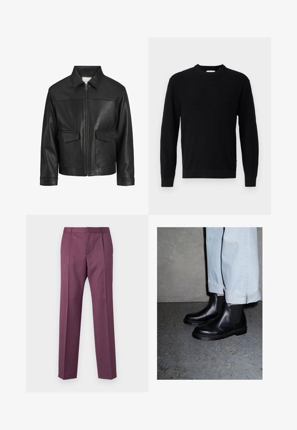 Fekete bőrdzseki gallérral, elöl cipzárral, két nagy fedeles zsebbel, sima felülettel és strukturált fazonnal.; Fekete kötött pulcsi kerek nyakkivágással, hosszú ujjakkal és bordázott textúrával. Egyenes szegéllyel és minimalista dizájnnal rendelkezik.; Lila, csíkozott nadrág egyenes lábakkal, testre szabott dizájnnal és elülső zsebekkel. Könnyű anyagból készült, övhurkokkal és elülső hajtással rendelkezik.; Fekete bőr Chelsea csizma elasztikus oldalsó részekkel és textúrázott gumitalppal, világoskék, könyökig felhajtott farmernadrággal párosítva.