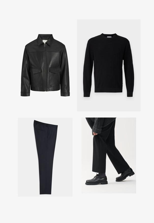 Musta nahkatakki, jossa on kaulus, edessä vetoketjukiinnitys, kaksi suurta läpällistä taskua, sileä pinta ja muotoiltu leikkaus.; Mustat neulepusero, jossa on pyöreä pääntie, pitkät hihat ja ribbitekstuuri. Ominaisuuksiin kuuluu suora helma ja minimalistische muotoilu.; Merkkitaittavat navy-housut, jotka on valmistettu sileästä kankaasta. Niissä on litteä etuosa, sivutaskut ja yksi takatasku. Suora lahje.; Mustat nahkakengät, joissa on pyöreä kärki, nauhakiinnitys ja paksu, teksturoitu pohja. Yhdistetty räätälöityjen mustien housujen ja ribbivillapuseron kanssa.