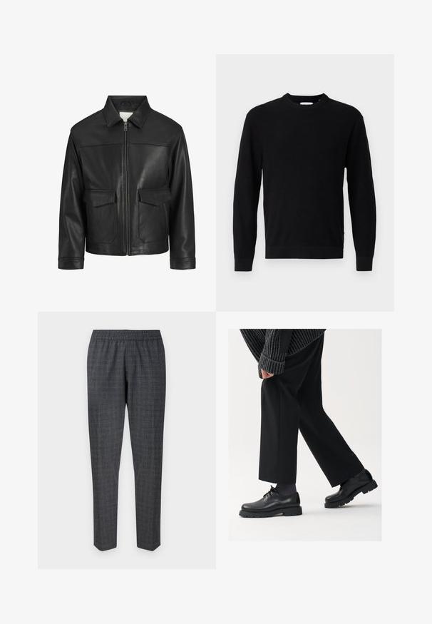 Svart skinnjakke med krave, frontlukking med glidelås, to store klafflommer, glatt tekstur og strukturert passform.; Svart strikket genser med rund hals, lange ermer og ribbestruktur. Har en rett kant og minimal design.; Grå rutete bukser med elastisk liv, smalner mot ankelen, laget av et teksturert stoff med et subtilt mønster.; Sorte skinnsko med rund tupp, snøring og tykk, teksturert såle. Brukt med skreddersydde svarte bukser og en ribbet genser.