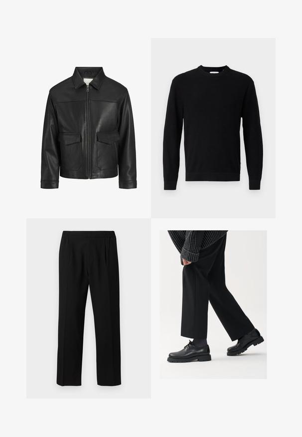 Melna ādas jaka ar apkakli, priekšējo rāvējslēdzēju, divām lielām kabatām ar atloku, gludu tekstūru un strukturētu piegriezumu.; Melnā adītā džemperis ar apaļu kakla izgriezumu, garām piedurknēm un ribotu tekstūru. Iezīmē taisnu malu un minimālistisku dizainu.; Melnas bikses, izgatavotas no gludas auduma, ar elastīgu jostasvietu, taisnas kājas dizainu un divām priekšējām krokām papildus detaļām.; Melni ādas apavi ar noapaļotu purngalu, aukliņu dizainu un biezu, teksturētu zoli. Valkāti ar piegrieztām melnām biksēm un ribotu džempera.