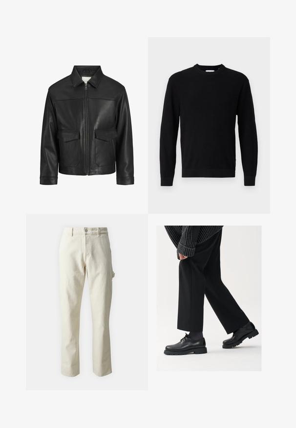 Black leather jacket with a collar, front zip closure, two large flap pockets, smooth texture, and structured fit.; Black knitted sweater with a round neckline, long sleeves, and a ribbed texture. Features a straight hem and minimal design.; Beige straight-leg trousers made of cotton with a soft texture, featuring a front button closure and side pocket detail.; Black leather shoes with a rounded toe, lace-up design, and thick, textured sole. Worn with tailored black trousers and a ribbed sweater.