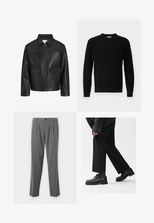 Črna usnjena jakna s ovratnikom, sprednjim zadrgo, dvema velikima žepoma s klapnio in gladko teksturo ter strukturirano prileganje.; Črna pletena jopica s krožnim izrezom, dolgimi rokavi in rebrasto teksturo. Ima ravno spodnje robove in minimalističen dizajn.; Sive prugaste hlače s ravnim krojem, z gumbom za zapiranje in dvema sprednjima pregiboma, narejene iz krojnega blaga.; Črne usnjene čEvlje s zaobljenim nosom, zavezovanjem in debelim, teksturiranim podplatom. Obute z urejenimi črnimi hlačami in rebrastim puloverjem.
