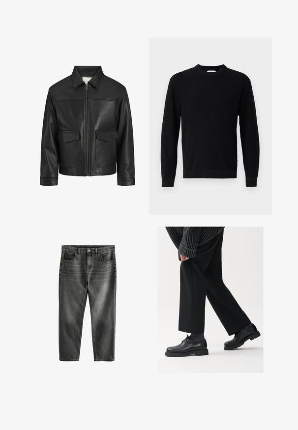 Veste en cuir noir avec un col, fermeture éclair à l'avant, deux grandes poches à rabat, texture lisse et coupe structurée.; Pull en tricot noir avec un col rond, des manches longues et une texture côtelée. Présente un ourlet droit et un design minimaliste.; Jeans en denim gris foncé avec une coupe décontractée, cinq poches, une légère décoloration et des coutures contrastées. Fermeture éclair et bouton en métal.; Chaussures en cuir noir à bout arrondi, à lacets, avec une semelle épaisse et texturée. Portées avec un pantalon noir ajusté et un pull à côtes.