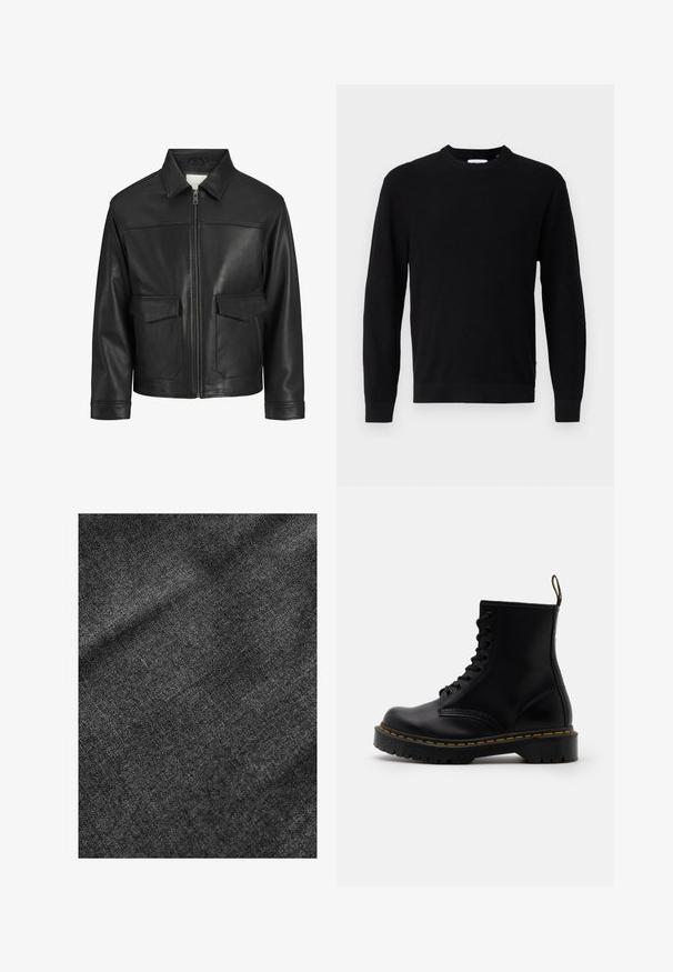 Black leather jacket with a collar, front zip closure, two large flap pockets, smooth texture, and structured fit.; Black knitted sweater with a round neckline, long sleeves, and a ribbed texture. Features a straight hem and minimal design.; Textured black fabric with a soft, slightly shiny surface, displaying a subtle weave pattern and a smooth drape.; Black leather ankle boots with a lace-up front, yellow stitching, a rounded toe, and a thick, textured rubber sole.