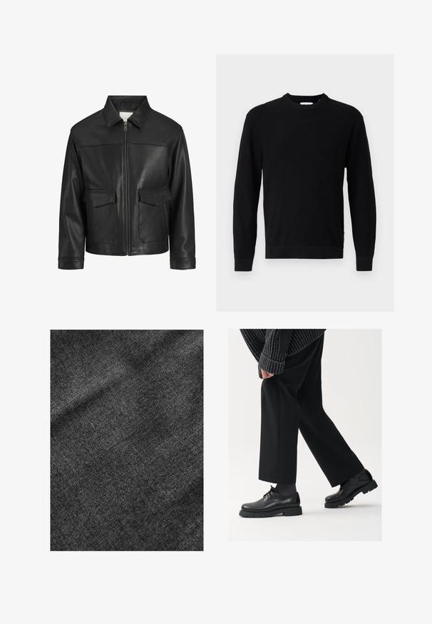 Svart läderjacka med krage, framsida med dragkedja, två stora framfickor, slät textur och strukturerad passform.; Svart stickad tröja med rund halsringning, långa ärmar och ribbstruktur. Har en rak nederkant och en minimalistisk design.; Texturerad svart tyg med en mjuk, något glänsande yta, som visar ett subtilt vävigt mönster och en smidig fall.; Svarta läderskor med rund tå, snörningsdesign och tjock, strukturerad sula. Bärs med skräddarsydda svarta byxor och en ribbad tröja.