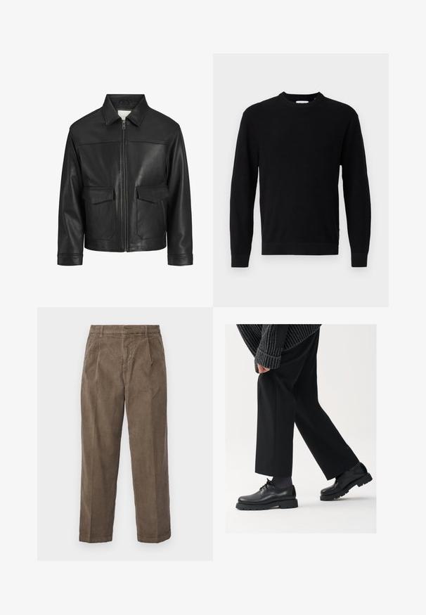 Črna usnjena jakna s ovratnikom, sprednjim zadrgo, dvema velikima žepoma s klapnio in gladko teksturo ter strukturirano prileganje.; Črna pletena jopica s krožnim izrezom, dolgimi rokavi in rebrasto teksturo. Ima ravno spodnje robove in minimalističen dizajn.; Rjav kordna hlače z udobnim krojem, ki imajo vidne vertikalne rebraste vzorce, stranske žepke in pas z vzorci za pas.; Črne usnjene čEvlje s zaobljenim nosom, zavezovanjem in debelim, teksturiranim podplatom. Obute z urejenimi črnimi hlačami in rebrastim puloverjem.