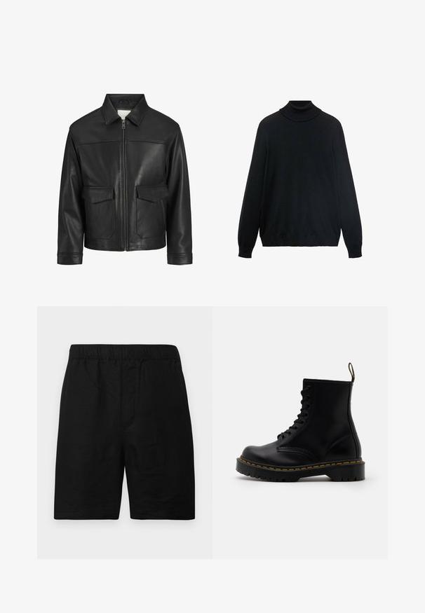 Czarna skórzana kurtka z kołnierzem, zapięciem na zamek z przodu, dwiema dużymi kieszeniami z klapką, gładką fakturą oraz dopasowanym krojem.; Czarny sweter z golfem, o dopasowanym kołnierzu, długich rękawach oraz ściągaczach przy mankietach i dolnym brzegu. Wykonany z miękkiej, elastycznej tkaniny o gładkiej fakturze.; Czarne szorty z elastycznym pasem, wykonane z fakturowanej tkaniny, o prostym kroju, bez widocznych kieszeni ani ozdób.; Czarne skórzane botki sięgające do kostki z sznurowanym przodem, żółtym przeszyciem, zaokrąglonym czubkiem i grubą, teksturowaną gumową podeszwą.