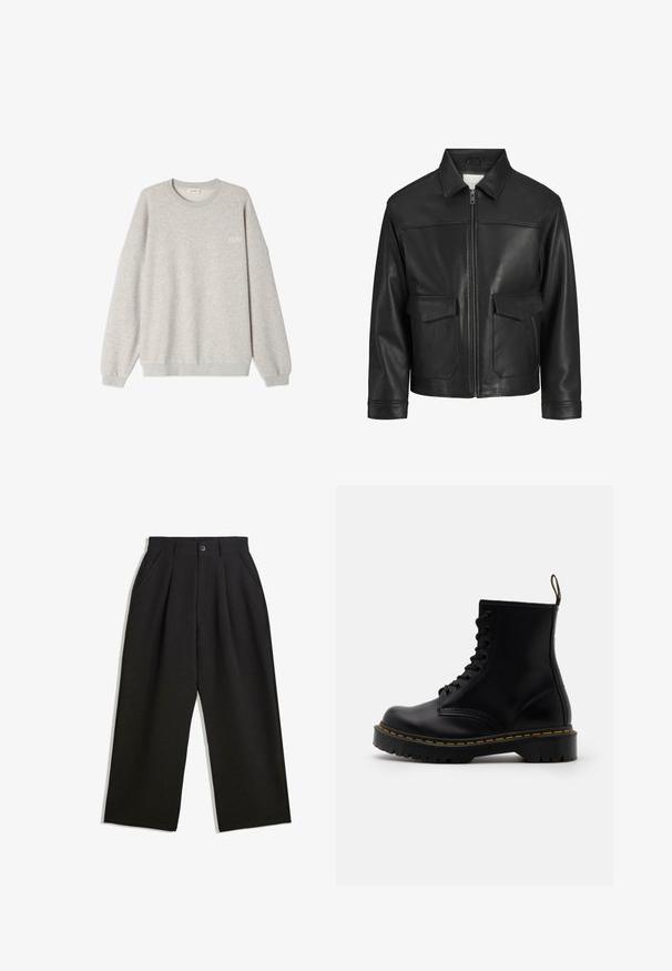 Černá kožená bunda s límcem, předním zipem, dvěma velkými kapsami na klopu, hladkou texturou a strukturovaným střihem.; Světle šedá mikina vyrobená z měkké látky, s kulatým výstřihem, spadlými rameny a malým vyšitým logem na hrudi.; Černé kalhoty s uvolněným střihem, s průhyby v přední části, bočními kapsami a zapínáním na knoflík. Vyrobené z texturované látky.; Černé kožené kotníkové boty s šněrováním vpředu, žlutým prošíváním, zaoblenou špičkou a silnou, textured gumovou podrážkou.