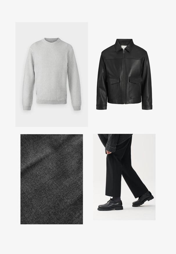 Jachetă din piele neagră cu guler, închidere cu fermoar pe față, două buzunare mari cu clapă, textură netedă și croială structurată.; Pulover ribbit gri deschis, cu guler rotund, mâneci lungi și tiv drept. Fabricat dintr-un material moale, texturat.; Ţesătură neagră texturată, cu o suprafaţă moale, uşor lucioasă, care prezintă un model de ţesătură subtilă şi o cădere netedă.; Pantofi din piele neagră cu vârf rotunjit, design cu şireturi şi o talpă groasă, texturată. Purtați cu pantaloni negri bine croiți și un pulover cu ripuri.
