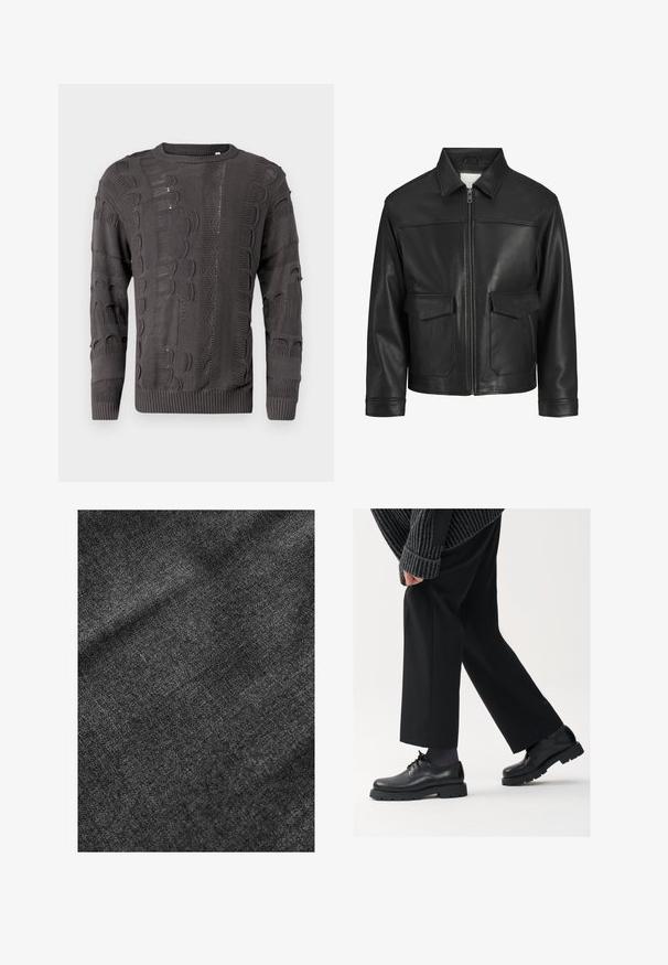 Melna ādas jaka ar apkakli, priekšējo rāvējslēdzēju, divām lielām kabatām ar atloku, gludu tekstūru un strukturētu piegriezumu.; Tumši pelēks adīts džemperis ar dažādām tekstūru rakstēm, garām piedurknēm un apaļu kakla izgriezumu. Ribotā apakšmala un piedurknes papildina dizainu.; Tekstūrēta melna auduma ar mīkstu, nedaudz spīdīgu virsmu, kurā ir redzama smalka austu rakstu un gluda krāsa.; Melni ādas apavi ar noapaļotu purngalu, aukliņu dizainu un biezu, teksturētu zoli. Valkāti ar piegrieztām melnām biksēm un ribotu džempera.