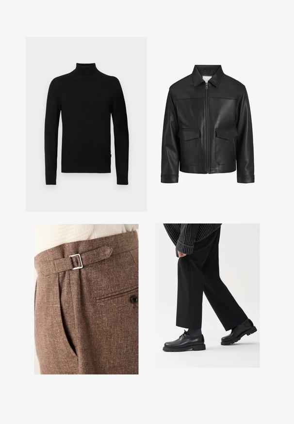 Sort læderjakke med krave, lynlås foran, to store klapperlommer, glat tekstur og struktureret pasform.; Sort langærmet turtleneck sweater med ribbet krave, manchetter og kant, vist på en hvid baggrund.; Brune skræddersyede bukser lavet af tekstureret stof, med en sølvspænde i taljen, fyldninger og en baglomme med en knap.; Sorte lædersko med rund tå, snørebåndsdesign og tyk, tekstureret sål. Båret sammen med skræddersyede sorte bukser og en ribbet sweater.
