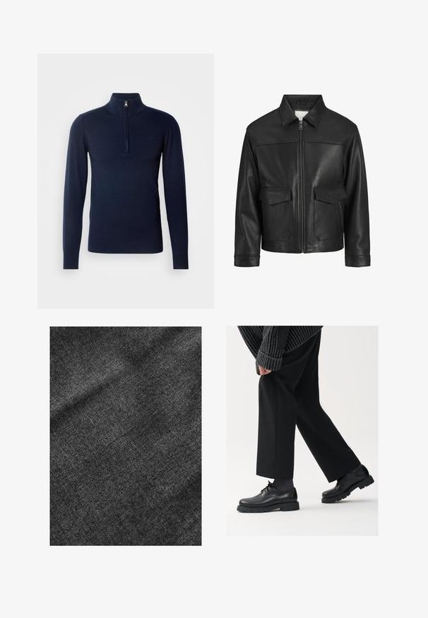 Black leather jacket with a collar, front zip closure, two large flap pockets, smooth texture, and structured fit.; Dark navy knitted sweater with a high collar, featuring a quarter zip and ribbed cuffs. Smooth texture and minimalistic design.; Textured black fabric with a soft, slightly shiny surface, displaying a subtle weave pattern and a smooth drape.; Black leather shoes with a rounded toe, lace-up design, and thick, textured sole. Worn with tailored black trousers and a ribbed sweater.