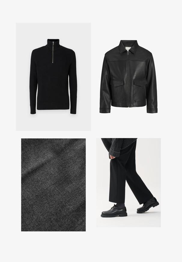 Schwarze Lederjacke mit Kragen, Frontreißverschluss, zwei großen Klappen Taschen, glatte Textur und strukturierte Passform.; Schwarzer gerippter Rollkragenpullover mit einem Viertel-Reißverschluss und langen Ärmeln. Hergestellt aus strukturiertem Material mit einem vertikalen Rippmuster.; Strukturierter schwarzer Stoff mit einer weichen, leicht glänzenden Oberfläche, die ein dezentes Webmuster und einen geschmeidigen Fall aufweist.; Schwarze Lederschuhe mit einer runden Spitze, Schnürdesign und dicker, strukturierter Sohle. Getragen mit maßgeschneiderten schwarzen Hosen und einem gerippten Pullover.