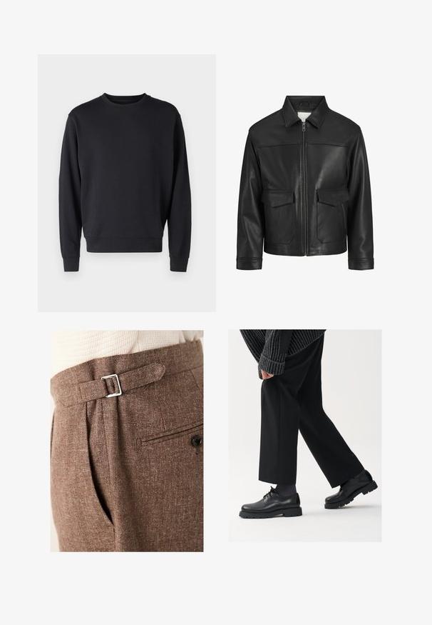Črna usnjena jakna s ovratnikom, sprednjim zadrgo, dvema velikima žepoma s klapnio in gladko teksturo ter strukturirano prileganje.; Črna majica s kapuco iz mešanice bombaža z okroglim ovratnikom, dolgimi rokavi ter rebrastimi manšeti in obodom. Gladka struktura, minimalističen dizajn.; Rjave prirejene hlače iz teksturirane tkanine, ki vključujejo srebrno zaponko v pasu, pregibe in zadnji žep z gumbom.; Črne usnjene čEvlje s zaobljenim nosom, zavezovanjem in debelim, teksturiranim podplatom. Obute z urejenimi črnimi hlačami in rebrastim puloverjem.