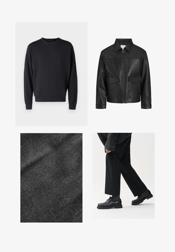 Schwarze Lederjacke mit Kragen, Frontreißverschluss, zwei großen Klappen Taschen, glatte Textur und strukturierte Passform.; Schwarzer Hoodie aus Baumwollmischung mit rundem Halsausschnitt, langen Ärmeln und gerippten Bündchen und Saum. Glatte Textur, minimalistisches Design.; Strukturierter schwarzer Stoff mit einer weichen, leicht glänzenden Oberfläche, die ein dezentes Webmuster und einen geschmeidigen Fall aufweist.; Schwarze Lederschuhe mit einer runden Spitze, Schnürdesign und dicker, strukturierter Sohle. Getragen mit maßgeschneiderten schwarzen Hosen und einem gerippten Pullover.