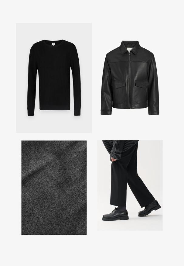 Juodas odinis švarkas su apykakle, priekinis užtrauktukas, dvi didelės kišenės su atlapais, lygus paviršius ir struktūruotas siluetas.; Juodas megztinis su ribsniuotu paviršiumi, ilgomis rankovėmis ir apvalia apykakle. Turi prigludusį siluetą ir švarų dizainą. Prekės ženklo logotipas prie kaklo.; Textūruotas juodas audinys su minkštu, šiek tiek blizgiu paviršiumi, rodantis subtilų audimo raštą ir lygų kritimą.; Juodos odinės kojinės su apvalia nosimi, raištelių dizainu ir storu, tekstūriniu padu. Dėvimos su pritaikytomis juodomis kelnėmis ir liniuotėmis megztiniu.