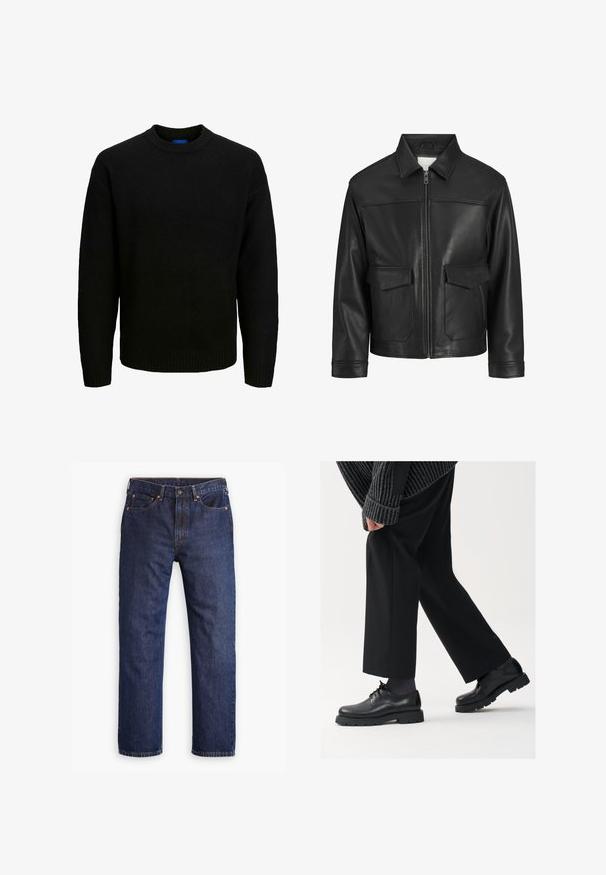 Black leather jacket with a collar, front zip closure, two large flap pockets, smooth texture, and structured fit.; Black knitted sweater with a crew neckline, long sleeves, and ribbed trims at the collar and hem. Soft texture, casual fit.; Dark blue straight-leg denim jeans with front button, zipper fly, five pockets, and copper rivet details.; Black leather shoes with a rounded toe, lace-up design, and thick, textured sole. Worn with tailored black trousers and a ribbed sweater.