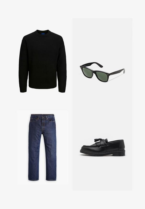 Fekete bőrdzseki gallérral, elöl cipzárral, két nagy fedeles zsebbel, sima felülettel és strukturált fazonnal.; Fekete kötött pulóver kerek nyakkivágással, hosszú ujjal és bordás szegéllyel a galléren és a szegélyen. Puha textúra, laza fazon.; Sötétkék egyenes szárú farmernadrág elülső gombbal, cipzárral, öt zsebbel és réz szegecsekkel.; Fekete bőr lófarok, bojt kiegészítővel, varrott részletekkel a szélein és vastag gumitalppal a tartósság érdekében.; Fekete műanyag napszemüveg zöld lencsékkel, négyzet alakú kerettel, ezüst díszítéssel a keret felső részén, valamint texturált szárakkal. A márka neve a belső száron található.