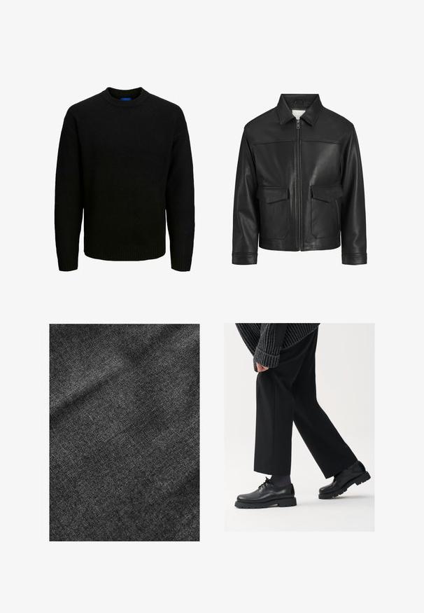 Sort læderjakke med krave, lynlås foran, to store klapperlommer, glat tekstur og struktureret pasform.; Sort strikket sweater med rund halsudskæring, lange ærmer og ribbede kanter ved kraven og kanten. Blød tekstur, afslappet pasform.; Struktureret sort stof med en blød, let skinnende overflade, der viser et subtilt vævemønster og en glat fald.; Sorte lædersko med rund tå, snørebåndsdesign og tyk, tekstureret sål. Båret sammen med skræddersyede sorte bukser og en ribbet sweater.