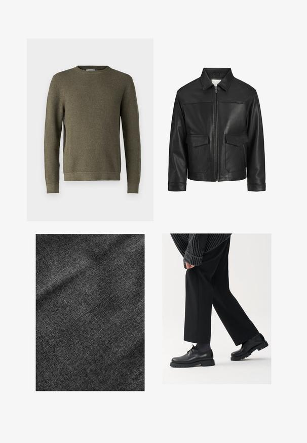 Črna usnjena jakna s ovratnikom, sprednjim zadrgo, dvema velikima žepoma s klapnio in gladko teksturo ter strukturirano prileganje.; Olivno zeleno pleteno pulover s okroglim izrezom, dolgimi rokavi in teksturirano tkanino. Ima rebraste manšete in spodnji rob za udobno prileganje.; Teksturirana črna tkanina z mehko, nekoliko sijočo površino, ki prikazuje subtilen vzorec tkanja in gladko padanje.; Črne usnjene čEvlje s zaobljenim nosom, zavezovanjem in debelim, teksturiranim podplatom. Obute z urejenimi črnimi hlačami in rebrastim puloverjem.