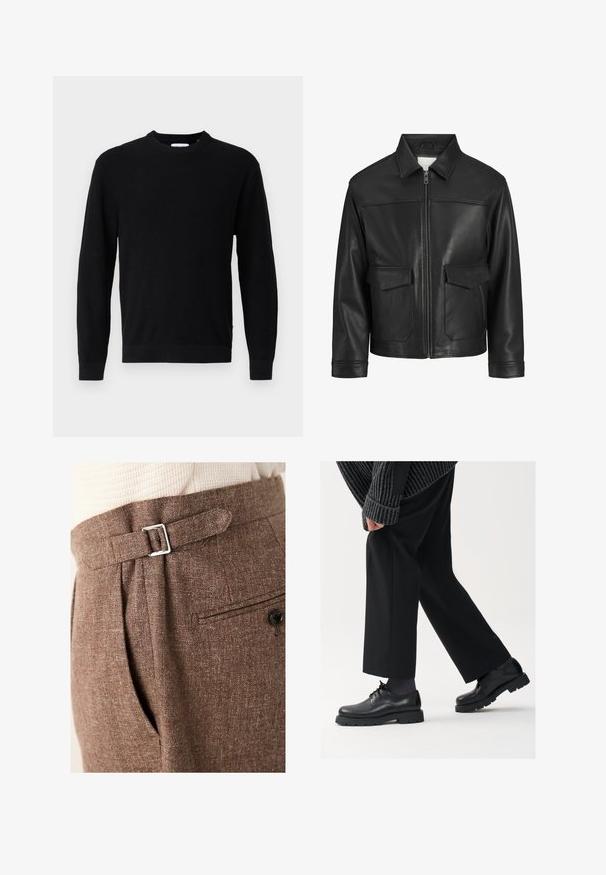 Giubbotto di pelle nera con colletto, chiusura frontale con zip, due ampie tasche a pattina, texture liscia e vestibilità strutturata.; Maglione nero lavorato a maglia con scollo rotondo, maniche lunghe e una texture a coste. Presenta un orlo dritto e un design minimale.; Pantaloni marroni su misura realizzati in tessuto testurizzato, con una fibbia argento in vita, pieghe e una tasca posteriore con bottone.; Scarpe in pelle nera con punta arrotondata, design con lacci e suola spessa e texture. Indossate con pantaloni neri su misura e un maglione a coste.