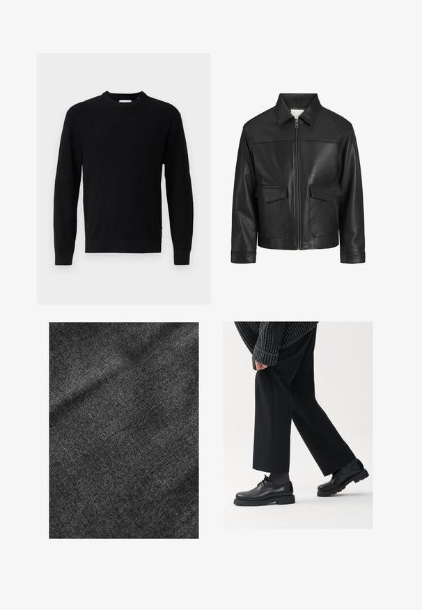 Chaqueta de cuero negro con cuello, cierre frontal de cremallera, dos grandes bolsillos con solapa, textura lisa y ajuste estructurado.; Suéter negro de punto con cuello redondo, mangas largas y textura acanalada. Presenta un dobladillo recto y un diseño minimalista.; Tejido negro texturizado con una superficie suave y ligeramente brillante, que muestra un sutil patrón de tejido y un caída suave.; Zapatos de cuero negro con punta redondeada, diseño de cordones y suela gruesa y texturizada. Combinados con pantalones negros a medida y un suéter acanalado.