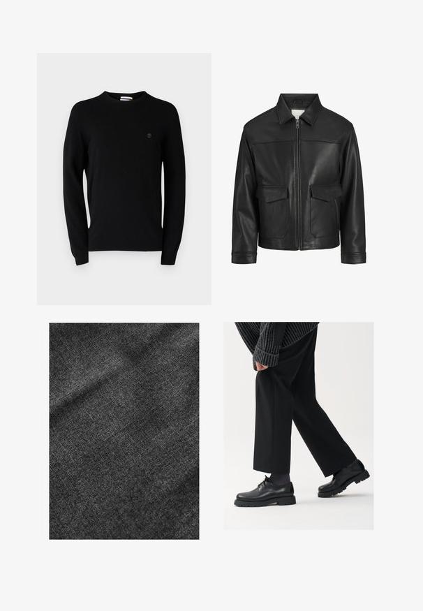 Czarna skórzana kurtka z kołnierzem, zapięciem na zamek z przodu, dwiema dużymi kieszeniami z klapką, gładką fakturą oraz dopasowanym krojem.; Czarny sweter z okrągłym dekoltem, wykonany z miękkiego materiału, z długimi rękawami i subtelnym logo na klatce piersiowej. Prosty design, bez wzorów czy akcentów.; Teksturalna czarna tkanina z miękką, lekko błyszczącą powierzchnią, prezentująca subtelny wzór splotu i gładki układ.; Czarne skórzane buty z okrągłym noskiem, sznurowanym zapięciem i grubą, fakturowaną podeszwą. Noszone z dopasowanymi czarnymi spodniami i swetrem z prążkowanej tkaniny.