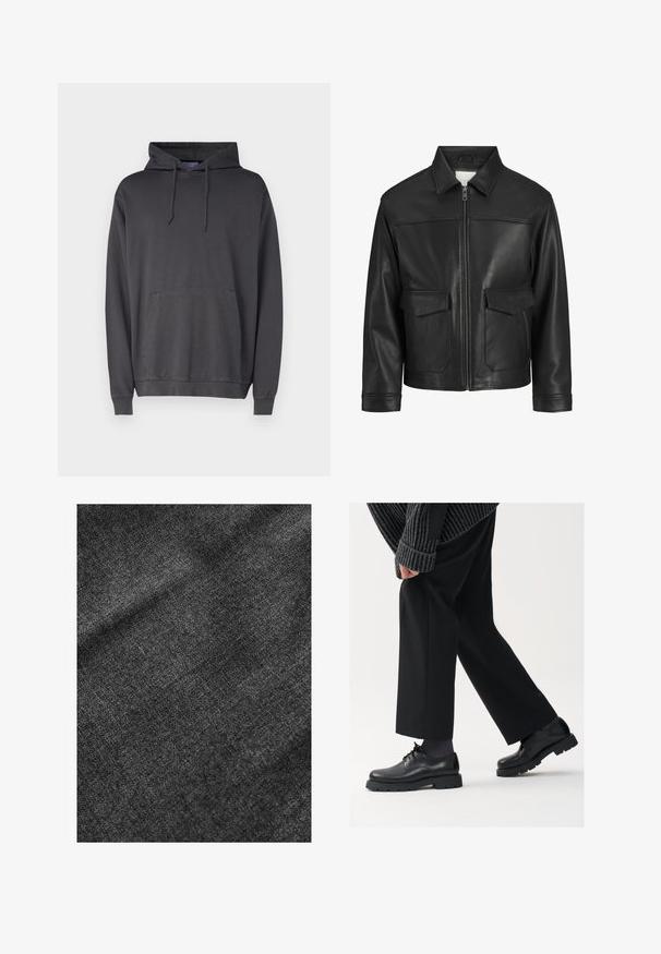 Black leather jacket with a collar, front zip closure, two large flap pockets, smooth texture, and structured fit.; Gray hoodie made of soft fabric, featuring a front kangaroo pocket, hood with drawstrings, and ribbed cuffs and hem.; Textured black fabric with a soft, slightly shiny surface, displaying a subtle weave pattern and a smooth drape.; Black leather shoes with a rounded toe, lace-up design, and thick, textured sole. Worn with tailored black trousers and a ribbed sweater.