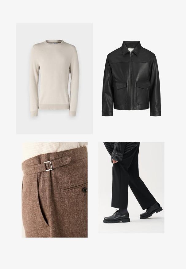 Czarna skórzana kurtka z kołnierzem, zapięciem na zamek z przodu, dwiema dużymi kieszeniami z klapką, gładką fakturą oraz dopasowanym krojem.; Beżowy sweter z dzianiny z teksturowanym wzorem, okrągłym dekoltem oraz ribbowymi mankietami i dolnym wykończeniem. Wykonany z miękkiego, przewiewnego materiału.; Brązowe spodnie szyte na miarę wykonane z teksturowanej tkaniny, z metalową klamrą w talii, plisami oraz tylną kieszenią zapinaną na guzik.; Czarne skórzane buty z okrągłym noskiem, sznurowanym zapięciem i grubą, fakturowaną podeszwą. Noszone z dopasowanymi czarnymi spodniami i swetrem z prążkowanej tkaniny.