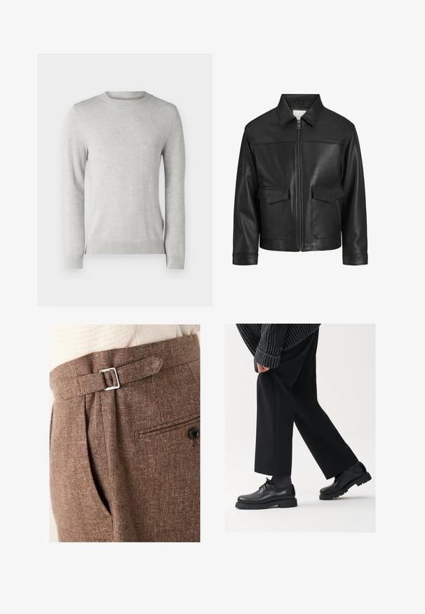 Schwarze Lederjacke mit Kragen, Frontreißverschluss, zwei großen Klappen Taschen, glatte Textur und strukturierte Passform.; Hellgrauer Strickpullover mit rundem Ausschnitt, langen Ärmeln, strukturiertem Muster und gerippten Säumen und Bündchen. Weicher, atmungsaktiver Stoff.; Braune maßgeschneiderte Hose aus strukturiertem Stoff, mit einer silbernen Schnalle an der Taille, Falten und einer Gesäßtasche mit Knopf.; Schwarze Lederschuhe mit einer runden Spitze, Schnürdesign und dicker, strukturierter Sohle. Getragen mit maßgeschneiderten schwarzen Hosen und einem gerippten Pullover.