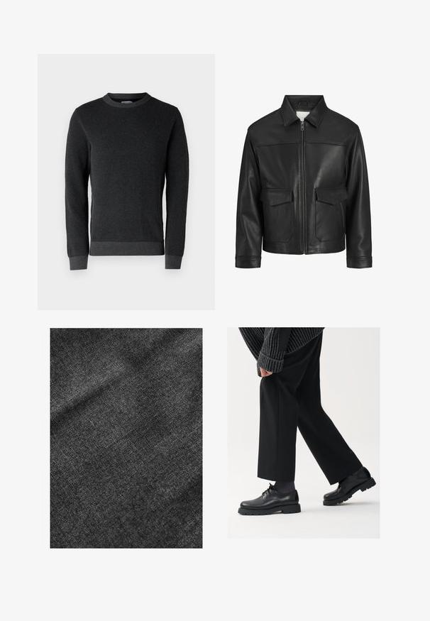 Fekete bőrdzseki gallérral, elöl cipzárral, két nagy fedeles zsebbel, sima felülettel és strukturált fazonnal.; Sötét szürke kötött pulóver, textúrált felszínen, kerek nyakkivágással, bordás mandzsettákkal és alsó részével. Hosszú ujjú, klasszikus szabású.; Textúrált fekete szövet, puha, enyhén fényes felülettel, finom szövésű mintázattal és sima eséssel.; Fekete bőr cipők kerek orral, fűzős kialakítással és vastag, texturált talppal. Öltönyös fekete nadrággal és bordázott pulóverrel viselve.