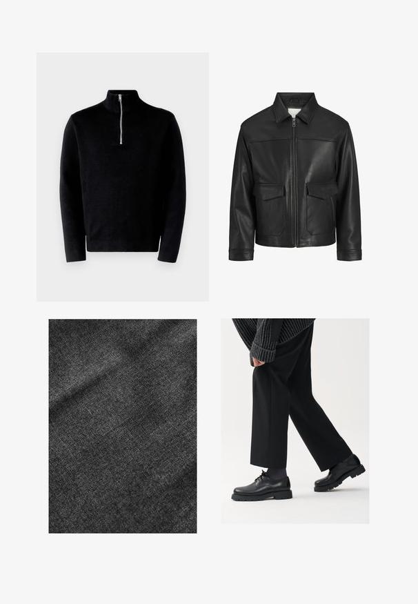 Fekete bőrdzseki gallérral, elöl cipzárral, két nagy fedeles zsebbel, sima felülettel és strukturált fazonnal.; Fekete pulóver, magas gallérral és félszéles cipzárral. Bordás anyagból készült, hosszú ujjú, és sima textúrájú.; Textúrált fekete szövet, puha, enyhén fényes felülettel, finom szövésű mintázattal és sima eséssel.; Fekete bőr cipők kerek orral, fűzős kialakítással és vastag, texturált talppal. Öltönyös fekete nadrággal és bordázott pulóverrel viselve.