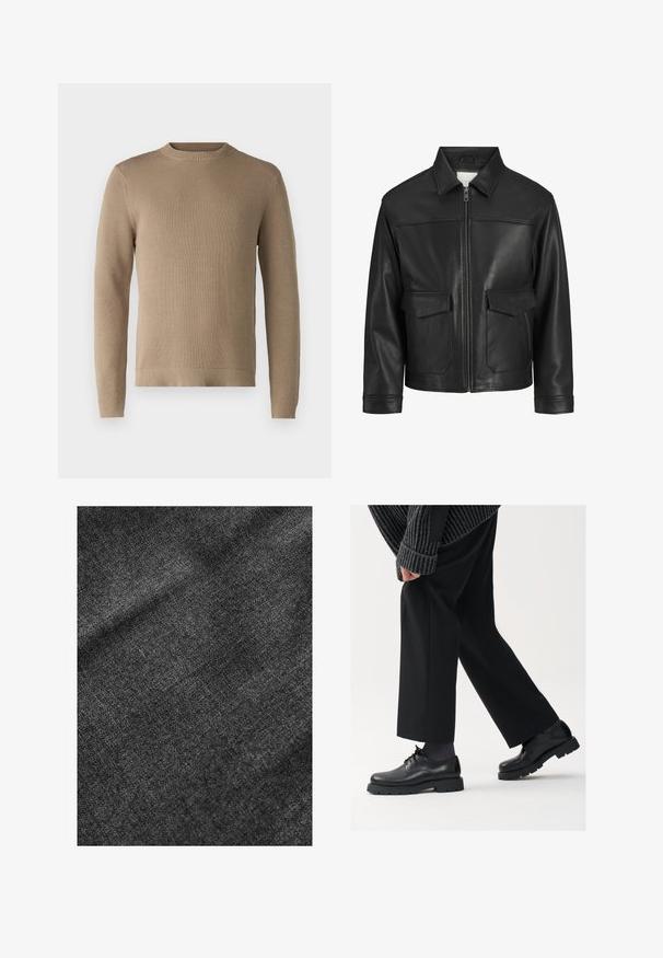 Juodas odinis švarkas su apykakle, priekinis užtrauktukas, dvi didelės kišenės su atlapais, lygus paviršius ir struktūruotas siluetas.; Bežinis megztinis su apvalia iškirpte, raukiniais rankovėmis ir apačia, pagamintas iš tekstūrinės medžiagos, be raštų ar akcentų.; Textūruotas juodas audinys su minkštu, šiek tiek blizgiu paviršiumi, rodantis subtilų audimo raštą ir lygų kritimą.; Juodos odinės kojinės su apvalia nosimi, raištelių dizainu ir storu, tekstūriniu padu. Dėvimos su pritaikytomis juodomis kelnėmis ir liniuotėmis megztiniu.