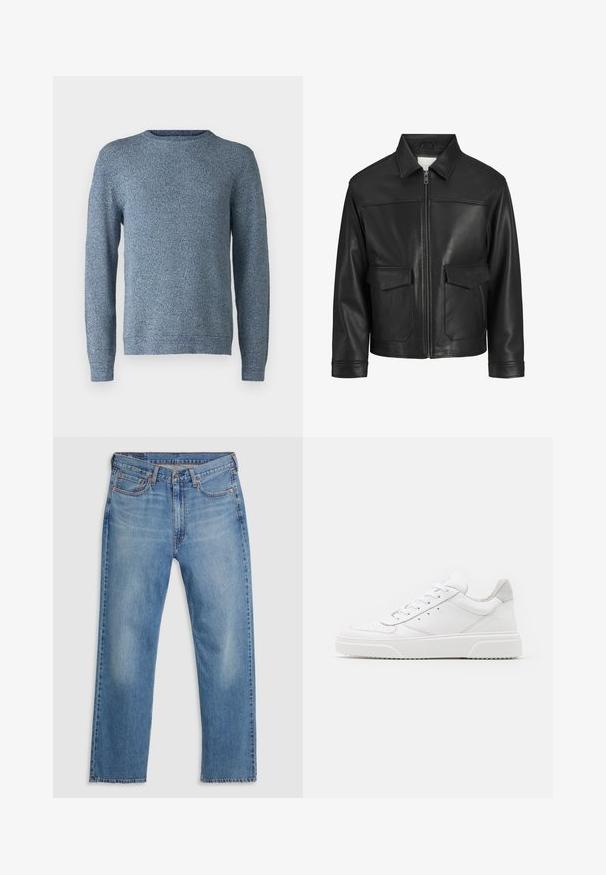 Črna usnjena jakna s ovratnikom, sprednjim zadrgo, dvema velikima žepoma s klapnio in gladko teksturo ter strukturirano prileganje.; Modra pletena pulover z teksturiranim vzorcem, okroglim izrezom in dolgimi rokavi. Tkanina deluje mehko in srednje težka, primerna za plastenje.; Modri jeans ravnega kroja iz denima z zapiranjem na gumb in zadrgo spredaj, z zankami za pas in petimi žepi na beli podlagi.; Bele usnjene športne copate z gladkim zaključkom, okroglo konico, ravnimi vezalkami in teksturiranim podplatom. Sivi semiš detajl na peti.
