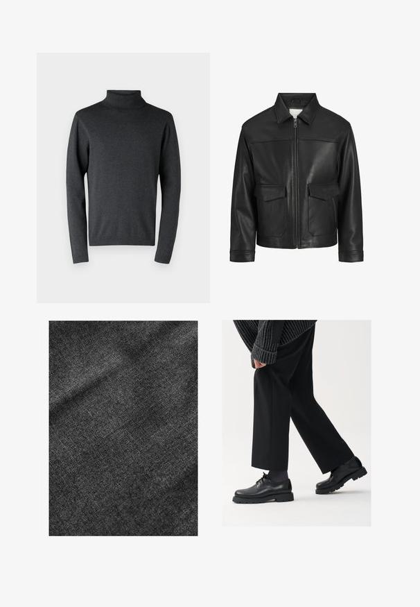 Veste en cuir noir avec un col, fermeture éclair à l'avant, deux grandes poches à rabat, texture lisse et coupe structurée.; Pull à col roulé gris foncé en matériau doux, doté de manches longues et de bords côtelés aux poignets et à l'ourlet, avec une texture lisse et uniforme.; Tissu noir texturé avec une surface douce et légèrement brillante, présentant un motif de tissage subtil et une drapé fluide.; Chaussures en cuir noir à bout arrondi, à lacets, avec une semelle épaisse et texturée. Portées avec un pantalon noir ajusté et un pull à côtes.