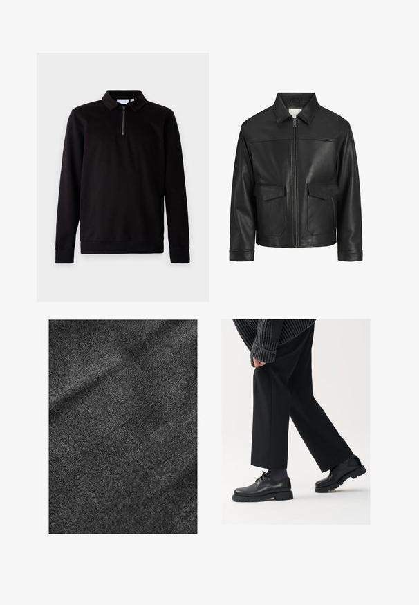 Fekete bőrdzseki gallérral, elöl cipzárral, két nagy fedeles zsebbel, sima felülettel és strukturált fazonnal.; Fekete, hosszúujjú pulóver, gallérral, negyed cipzárral az elején és bordázott mandzsetta valamint alsó szegéllyel. Puha anyag, sima textúrával.; Textúrált fekete szövet, puha, enyhén fényes felülettel, finom szövésű mintázattal és sima eséssel.; Fekete bőr cipők kerek orral, fűzős kialakítással és vastag, texturált talppal. Öltönyös fekete nadrággal és bordázott pulóverrel viselve.