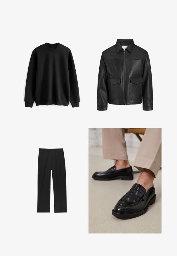 Svart läderjacka med krage, framsida med dragkedja, två stora framfickor, slät textur och strukturerad passform.; Next TEXTURE CREW - Sweatshirt - black; Svarta byxor med rak ben-design, tillverkade av ett jämnt tyg. Har framfickor och en enkel knapplåsning i midjan.; Svarta läder loafers med en slät finish, prydda med en dekorativ rem och kontrastsöm, tillsammans med beiga byxor.
