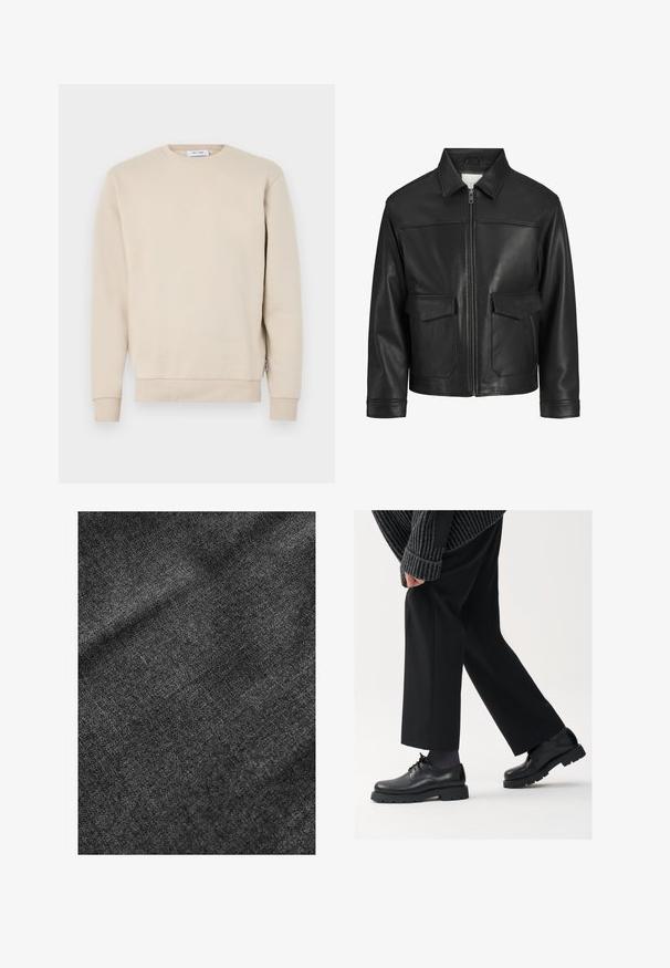 Melna ādas jaka ar apkakli, priekšējo rāvējslēdzēju, divām lielām kabatām ar atloku, gludu tekstūru un strukturētu piegriezumu.; Bežs kokvilnas sporta krekls ar apaļu kakla izgriezumu, ribinātiem piedurkņu galiem un apakšmalu, kā arī maigu tekstūru. Nav redzamu grafiku vai rakstu.; Tekstūrēta melna auduma ar mīkstu, nedaudz spīdīgu virsmu, kurā ir redzama smalka austu rakstu un gluda krāsa.; Melni ādas apavi ar noapaļotu purngalu, aukliņu dizainu un biezu, teksturētu zoli. Valkāti ar piegrieztām melnām biksēm un ribotu džempera.