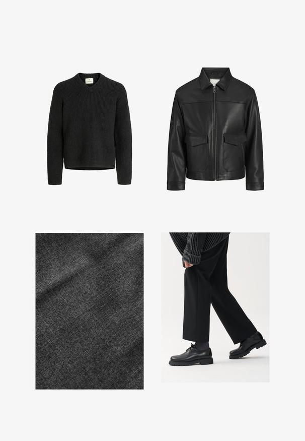 Jachetă din piele neagră cu guler, închidere cu fermoar pe față, două buzunare mari cu clapă, textură netedă și croială structurată.; Pulover negru tricotat, cu gât în V, textură ribbed, mâneci lungi și tiv drept. Fabricat dintr-un material moale și gros.; Ţesătură neagră texturată, cu o suprafaţă moale, uşor lucioasă, care prezintă un model de ţesătură subtilă şi o cădere netedă.; Pantofi din piele neagră cu vârf rotunjit, design cu şireturi şi o talpă groasă, texturată. Purtați cu pantaloni negri bine croiți și un pulover cu ripuri.