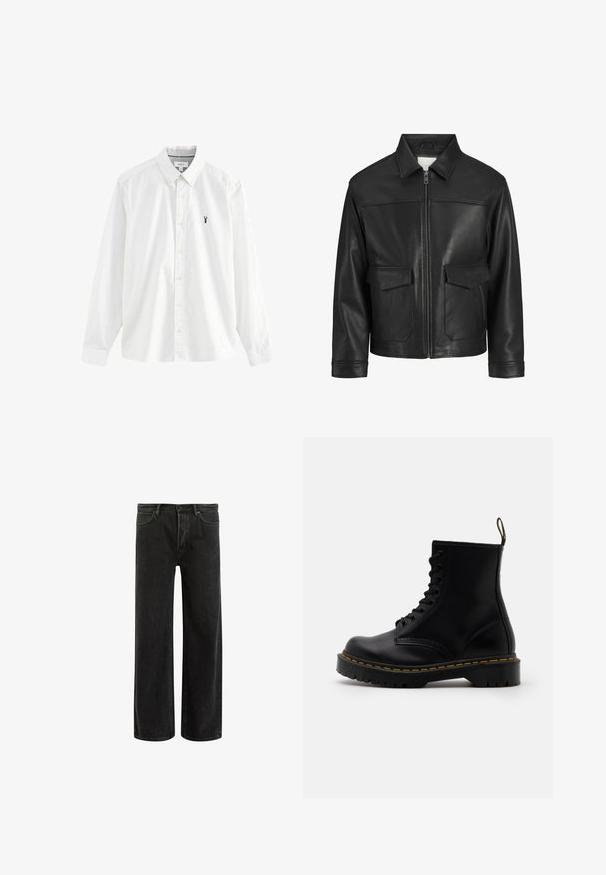 Zwarte leren jack met kraag, ritssluiting aan de voorkant, twee grote klepzakken, een gladde textuur en een gestructureerde pasvorm.; Witte blouse met lange mouwen van katoen. Heeft een button-down kraag, gele knopen en een klein marineblauw kreeftlogo op de linkerborst.; Zwarte denims met wijde benen en een hoge taille, met een klassiek vijf zakken ontwerp en subtiele vervaging voor een textuur uitstraling.; Zwarte leren enkelboots met een vetersluiting aan de voorkant, gele stiksels, een ronde neus en een dikke, gestructureerde rubberen zool.