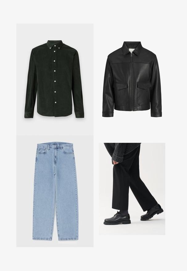 Fekete bőrdzseki gallérral, elöl cipzárral, két nagy fedeles zsebbel, sima felülettel és strukturált fazonnal.; Sötétzöld kordbársony hosszú ujjú gombos ing, gombolható gallérral fehér háttér előtt.; Világoskék farmernadrág egyenes szárú kivitelben, közepes derékkal, öt zsebbel, gombos és cipzáros záródással.; Fekete bőr cipők kerek orral, fűzős kialakítással és vastag, texturált talppal. Öltönyös fekete nadrággal és bordázott pulóverrel viselve.